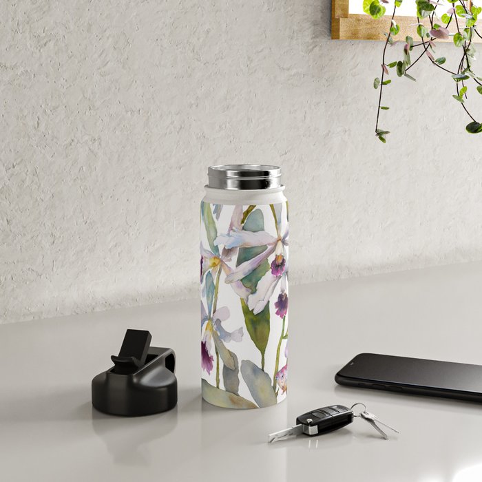 Cattleya Orchid White and Purple with Goldfish Muted Pallet Botanical Design Water Bottle Gallery Image 4