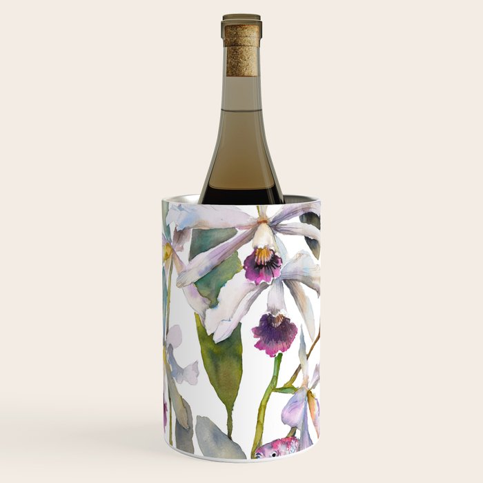 Cattleya Orchid White and Purple with Goldfish Muted Pallet Botanical Design Wine Chiller Gallery Image 1
