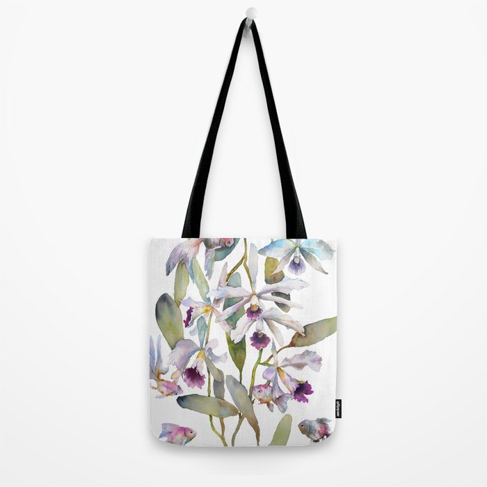 Cattleya Orchid White and Purple with Goldfish Muted Pallet Botanical Design Tote Bag Gallery Image 2