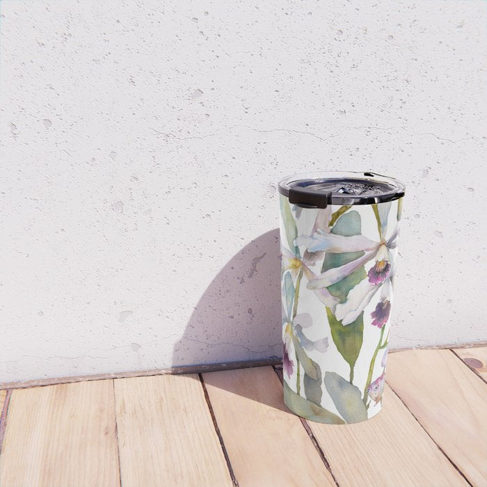 Cattleya Orchid White and Purple with Goldfish Muted Pallet Botanical Design Travel Mug Gallery Image 4