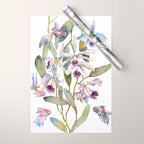 Cattleya Orchid White and Purple with Goldfish Muted Pallet Botanical Design Wrapping Paper Gallery Image 1