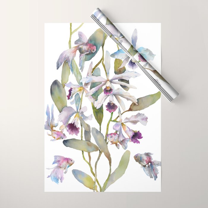Cattleya Orchid White and Purple with Goldfish Muted Pallet Botanical Design Wrapping Paper Gallery Image 1