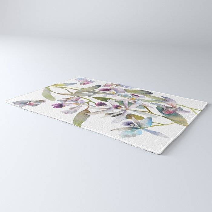Cattleya Orchid White and Purple with Goldfish Muted Pallet Botanical Design Rug Gallery Image 3