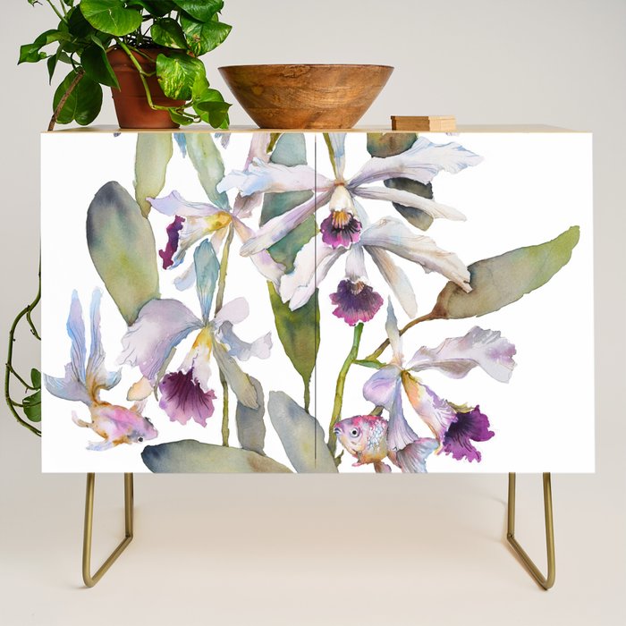 Cattleya Orchid White and Purple with Goldfish Muted Pallet Botanical Design Credenza Gallery Image 1