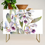 Cattleya Orchid White and Purple with Goldfish Muted Pallet Botanical Design Credenza Gallery Image 1