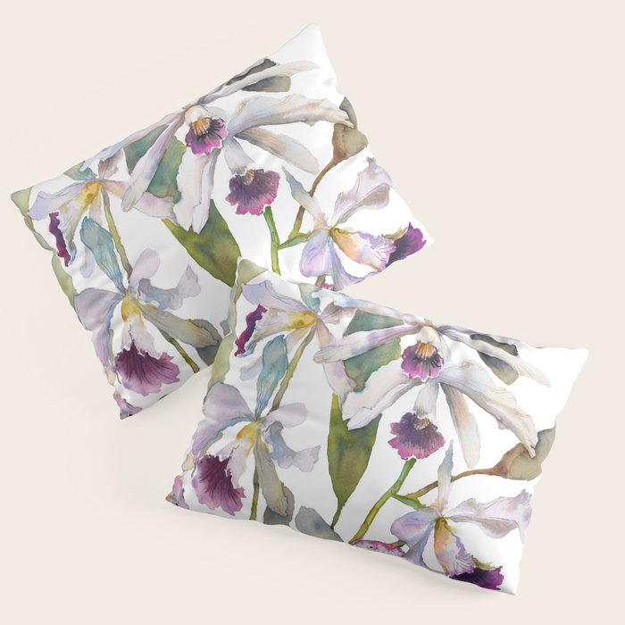 Cattleya Orchid White and Purple with Goldfish Muted Pallet Botanical Design Pillow Sham Gallery Image 1