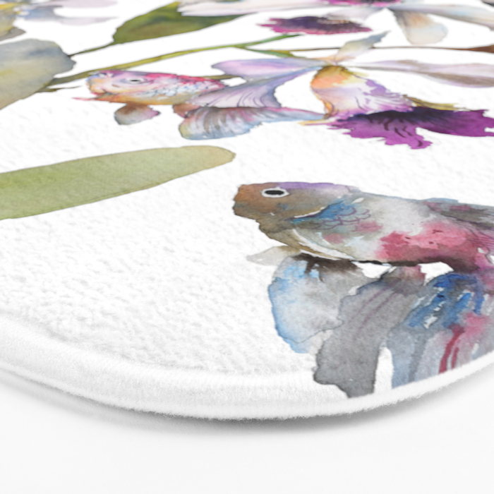 Cattleya Orchid White and Purple with Goldfish Muted Pallet Botanical Design Bath Mat Gallery Image 3
