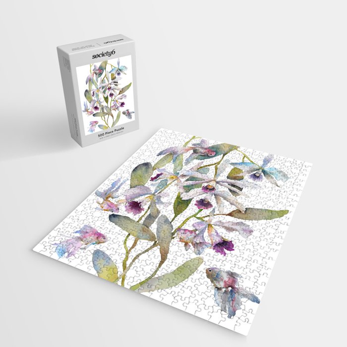 Cattleya Orchid White and Purple with Goldfish Muted Pallet Botanical Design Jigsaw Puzzle Gallery Image 2