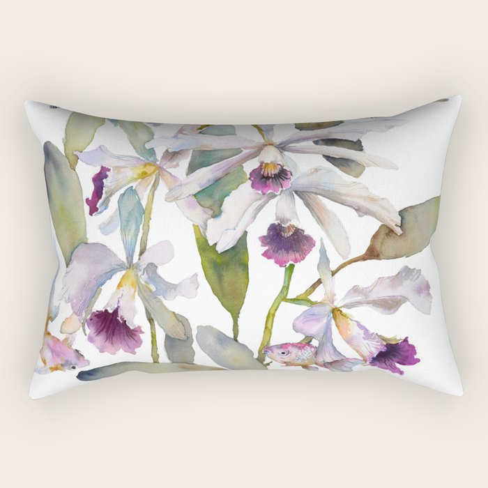 Cattleya Orchid White and Purple with Goldfish Muted Pallet Botanical Design Rectangular Pillow Gallery Image 2