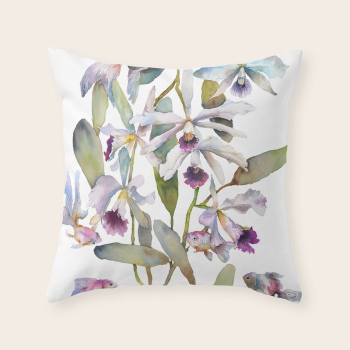 Cattleya Orchid White and Purple with Goldfish Muted Pallet Botanical Design Throw Pillow Gallery Image 6