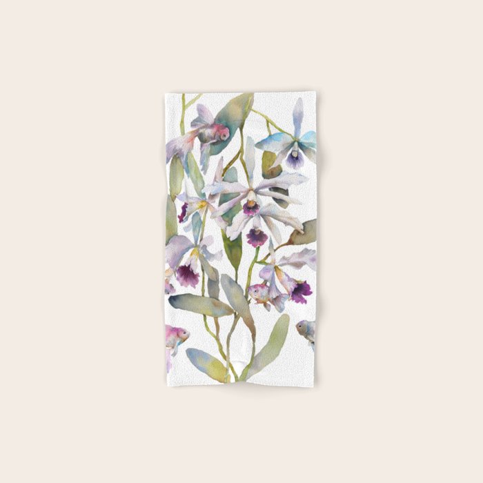 Cattleya Orchid White and Purple with Goldfish Muted Pallet Botanical Design Bath Towel Gallery Image 1