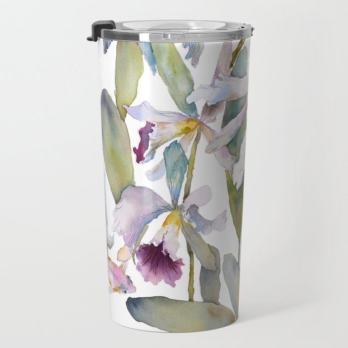 Cattleya Orchid White and Purple with Goldfish Muted Pallet Botanical Design Travel Mug Gallery Image 3