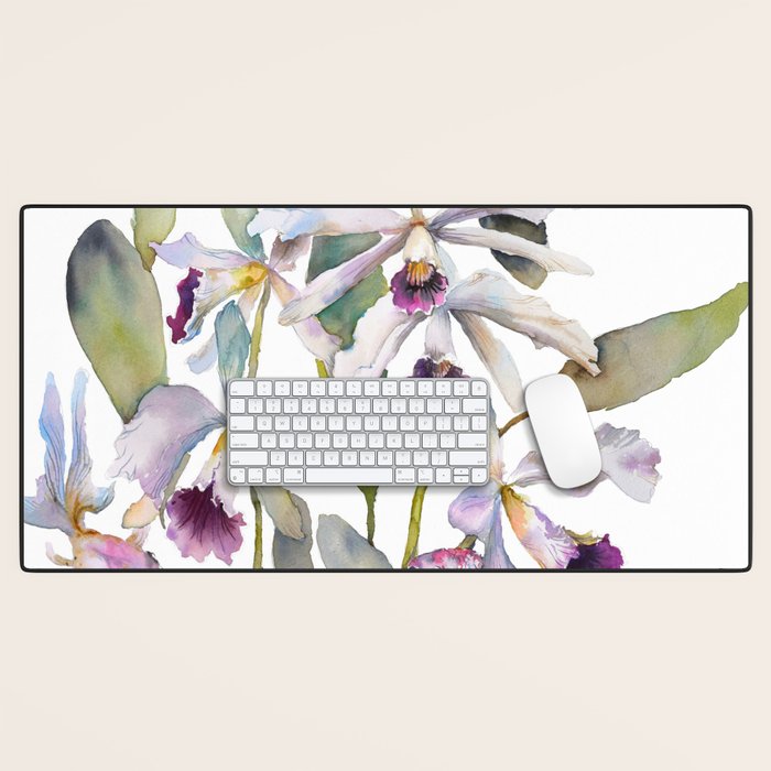 Cattleya Orchid White and Purple with Goldfish Muted Pallet Botanical Design Desk Mat Gallery Image 1