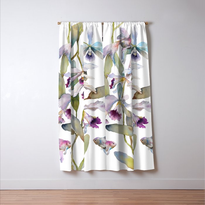 Cattleya Orchid White and Purple with Goldfish Muted Pallet Botanical Design Window Curtain Gallery Image 3