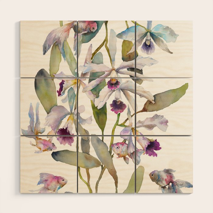 Cattleya Orchid White and Purple with Goldfish Muted Pallet Botanical Design Wood Wall Art Gallery Image 1