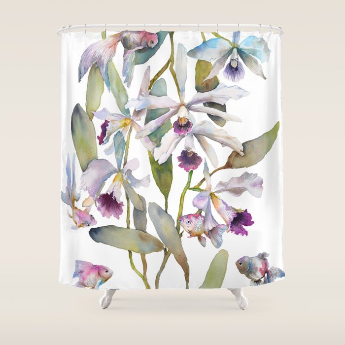 Cattleya Orchid White and Purple with Goldfish Muted Pallet Botanical Design Shower Curtain Gallery Image 1