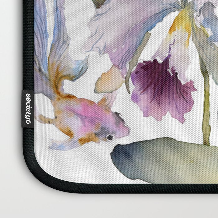 Cattleya Orchid White and Purple with Goldfish Muted Pallet Botanical Design Laptop Sleeve Gallery Image 3