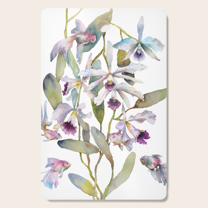 Cattleya Orchid White and Purple with Goldfish Muted Pallet Botanical Design Cutting Board Gallery Image 1