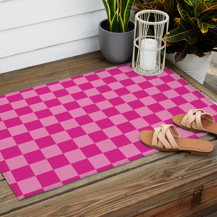 Double Pink Hot Magenta Checkered Pattern Outdoor Rug Gallery Image 2