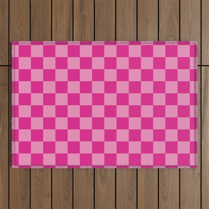 Double Pink Hot Magenta Checkered Pattern Outdoor Rug Gallery Image 1