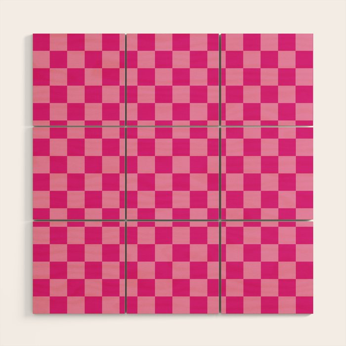 Double Pink Hot Magenta Checkered Pattern Wood Wall Art Gallery Image 1