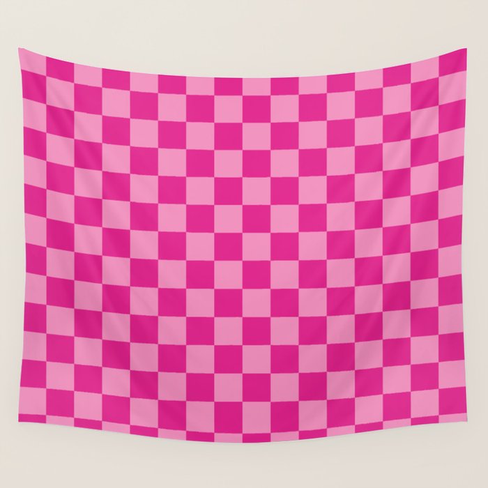 Double Pink Hot Magenta Checkered Pattern Wall Tapestry Gallery Image 1
