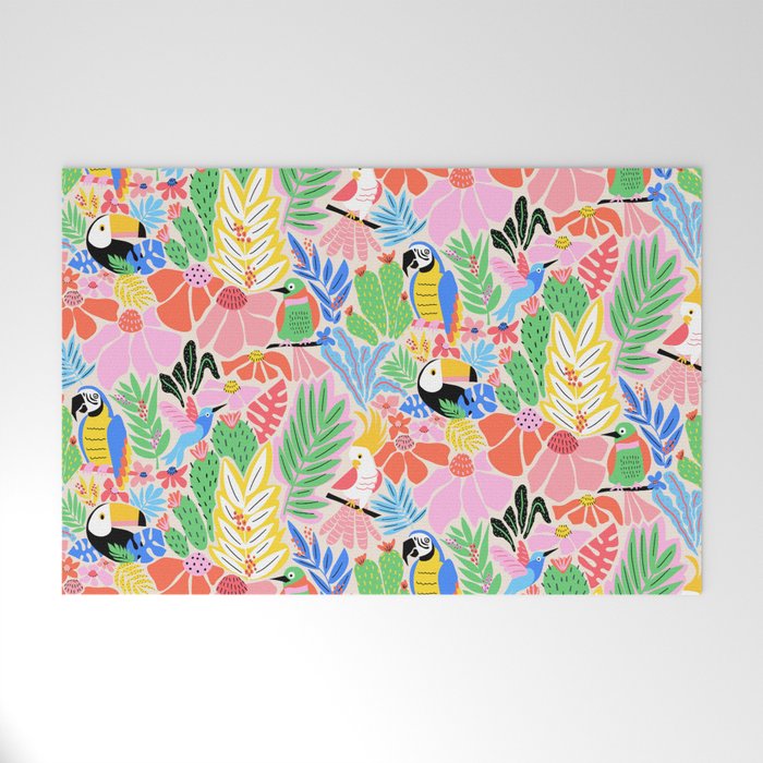 Joyful Jungle Exotic Birds Colorful Pattern Welcome Mat Gallery Image 1