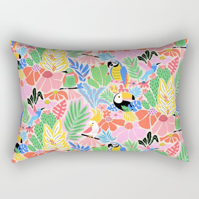 Joyful Jungle Exotic Birds Colorful Pattern Rectangular Pillow Gallery Image 1