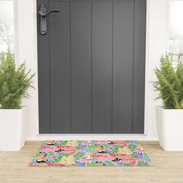 Joyful Jungle Exotic Birds Colorful Pattern Welcome Mat Gallery Image 3