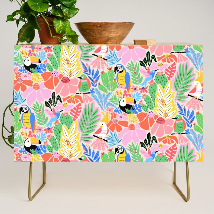 Joyful Jungle Exotic Birds Colorful Pattern Credenza Gallery Image 1