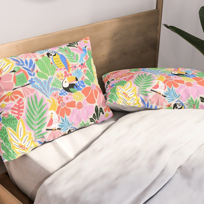 Joyful Jungle Exotic Birds Colorful Pattern Pillow Sham Gallery Image 2