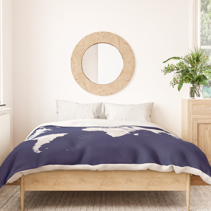 Navy blue and cream world map, "Austin" Duvet Cover Gallery Image 3