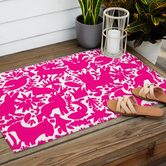Hot Pink Otomi Bright Pattern Outdoor Rug Gallery Image 2