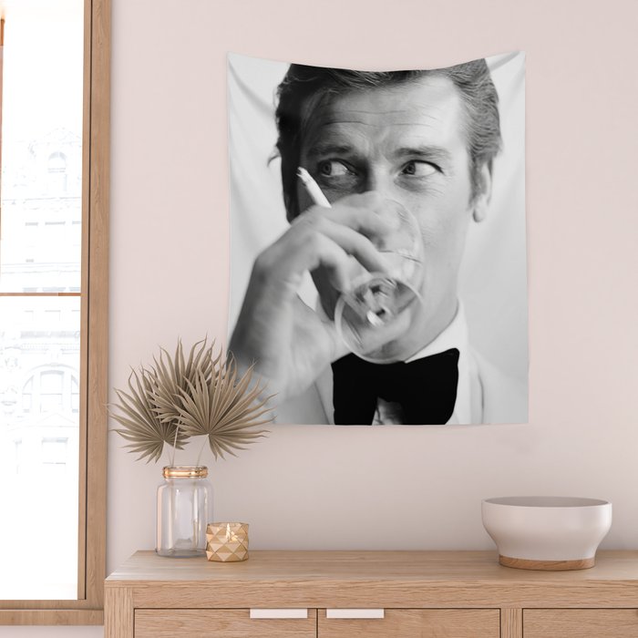 Roger Moore with Martini Retro Vintage Art Wall Tapestry Gallery Image 2