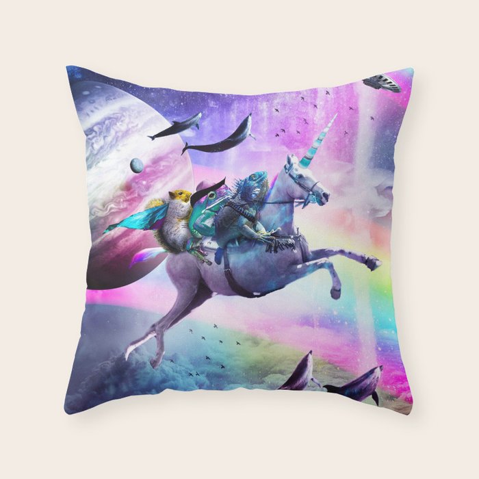 Bearded Dragon Frog Squirrel On Rainbow Unicorn Throw Pillow Gallery Image 1