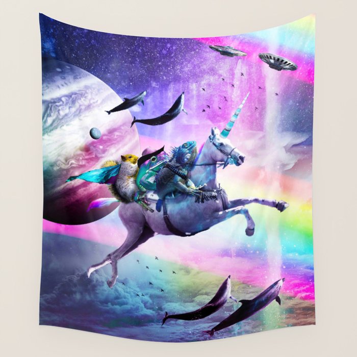 Bearded Dragon Frog Squirrel On Rainbow Unicorn Wall Tapestry
