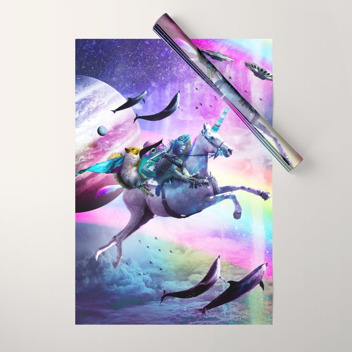 Bearded Dragon Frog Squirrel On Rainbow Unicorn Wrapping Paper Gallery Image 1
