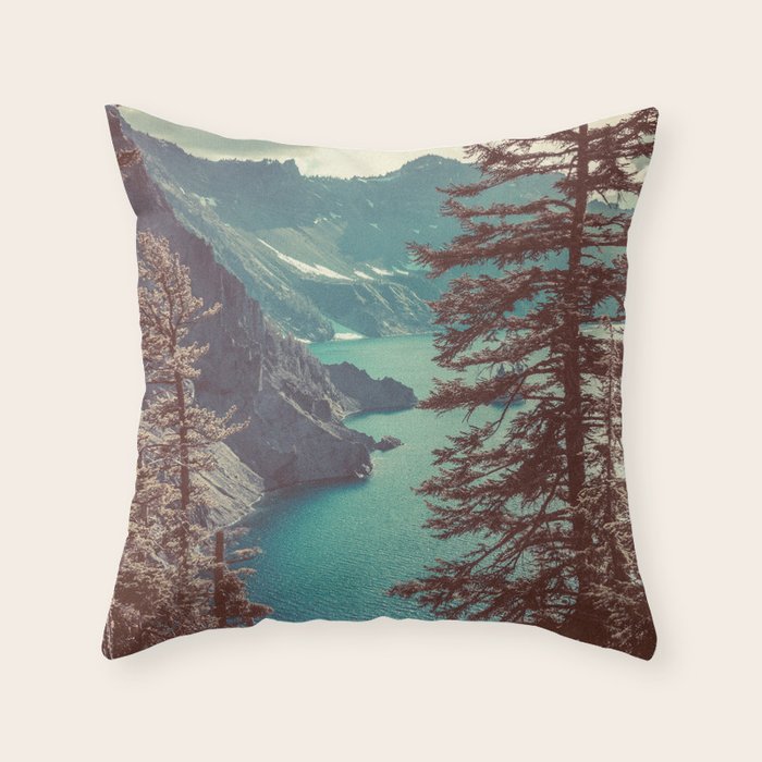 Vintage Blue Crater Lake and Trees - Nature Photography Throw Pillow Gallery Image 6