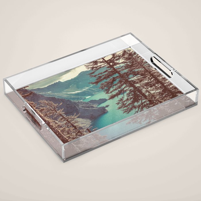 Vintage Blue Crater Lake and Trees - Nature Photography Acrylic Tray Gallery Image 1