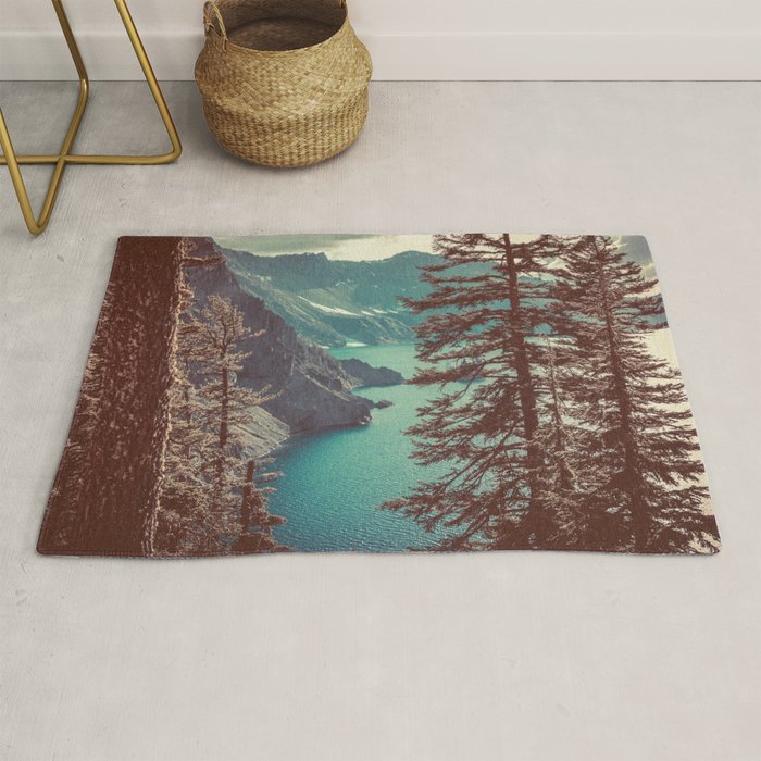 Vintage Blue Crater Lake and Trees - Nature Photography Rug Gallery Image 1