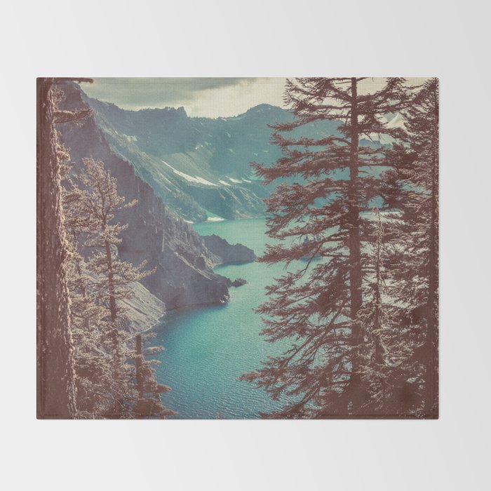 Vintage Blue Crater Lake and Trees - Nature Photography Throw Blanket Gallery Image 2
