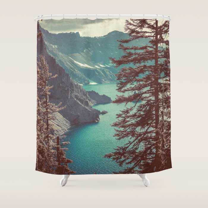Vintage Blue Crater Lake and Trees - Nature Photography Shower Curtain Gallery Image 1