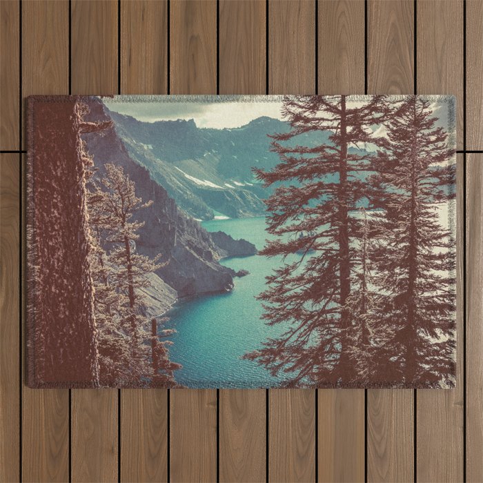 Vintage Blue Crater Lake and Trees - Nature Photography Outdoor Rug Gallery Image 1