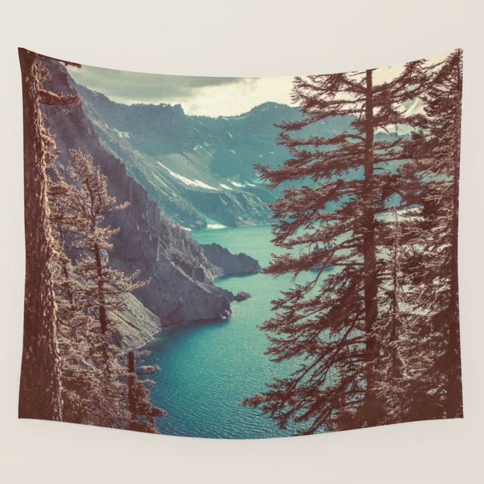 Vintage Blue Crater Lake and Trees - Nature Photography Wall Tapestry Gallery Image 4