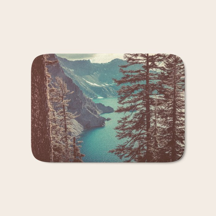 Vintage Blue Crater Lake and Trees - Nature Photography Bath Mat Gallery Image 1