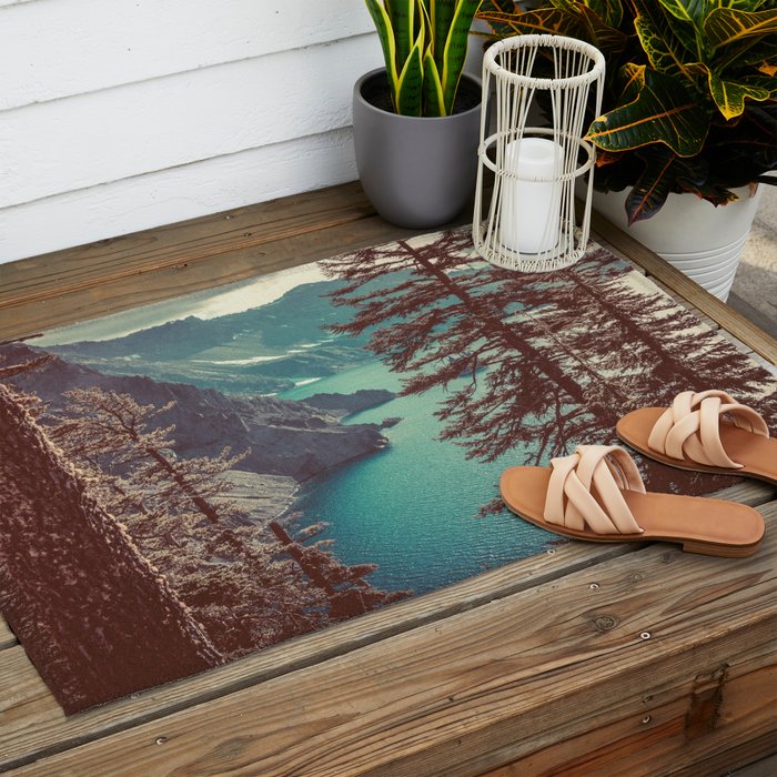 Vintage Blue Crater Lake and Trees - Nature Photography Outdoor Rug Gallery Image 2