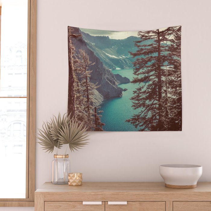 Vintage Blue Crater Lake and Trees - Nature Photography Wall Tapestry Gallery Image 2