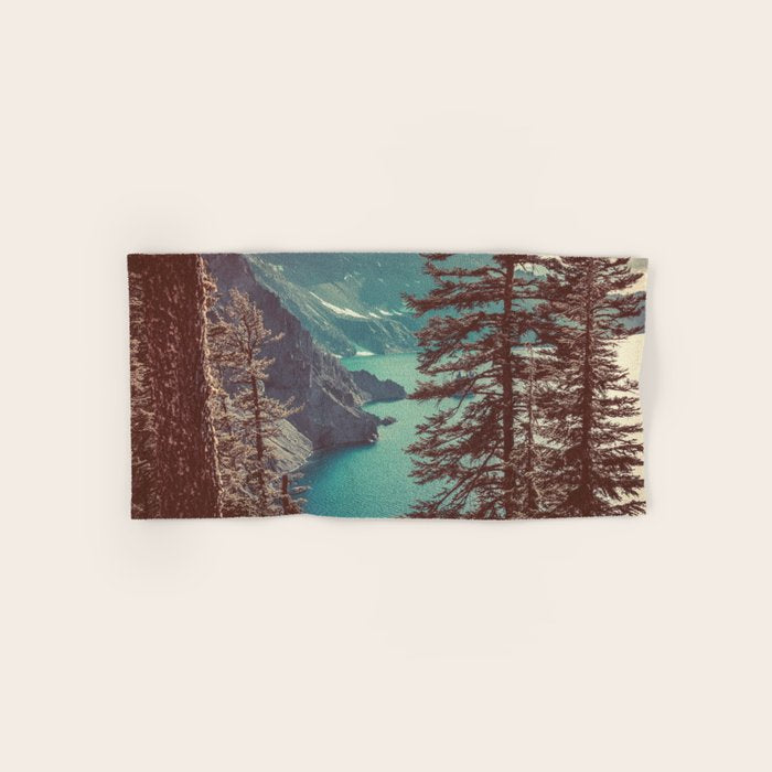 Vintage Blue Crater Lake and Trees - Nature Photography Bath Towel Gallery Image 1