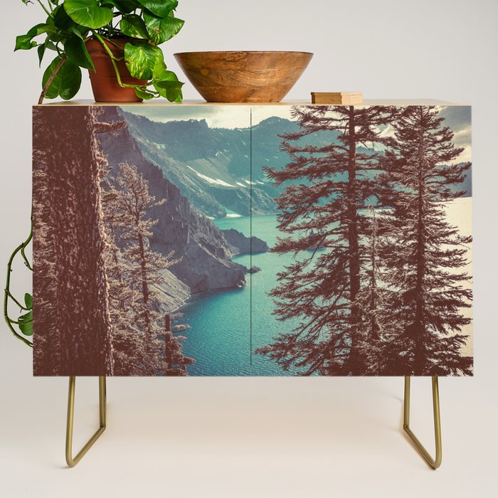Vintage Blue Crater Lake and Trees - Nature Photography Credenza Gallery Image 1