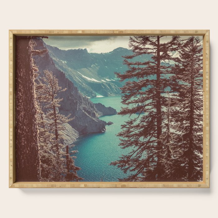 Vintage Blue Crater Lake and Trees - Nature Photography Serving Tray Gallery Image 1
